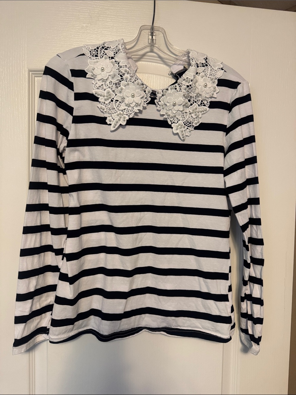 Cato Black and White Striped Long Sleeve Top with Lace Collar